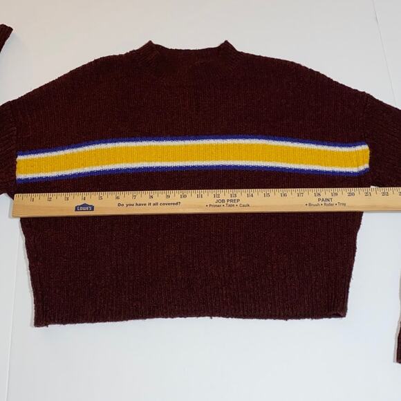 Varsity Striped Crop Sweater Preppy Size M Burgundy Yellow Blue School Pullover - Picture 5 of 10